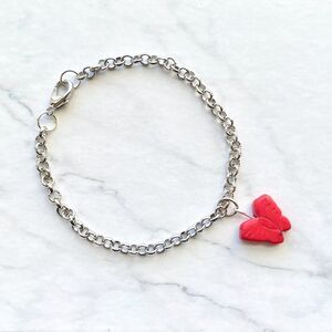 Red Butterfly Charm Silver Chain Bracelet